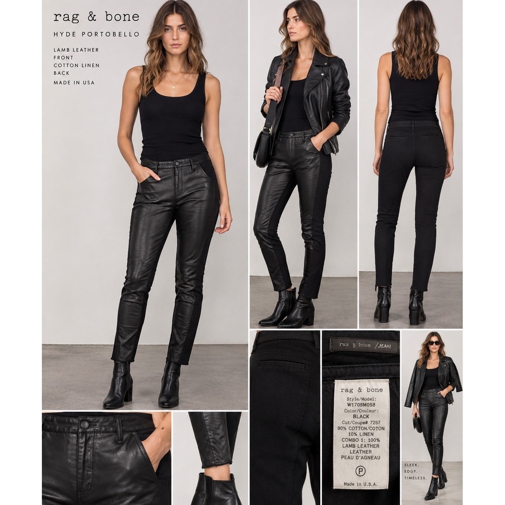 Rag & Bone Hyde Portobello Pants 27 Black‎ Lamb Leather Front Moto Skinny